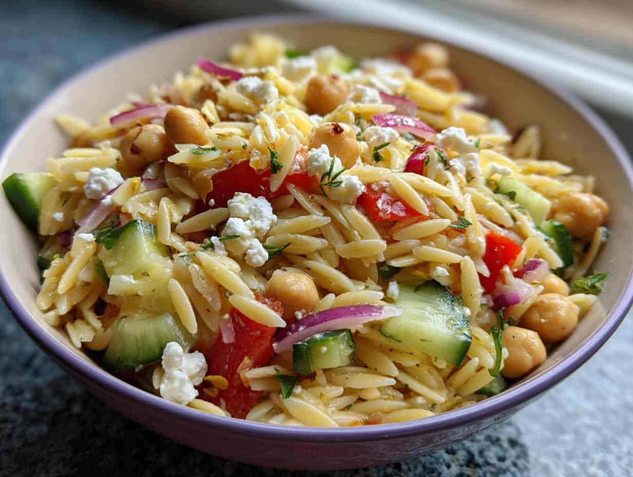 Disgustingly Easy 25-Minute Chickpea Orzo Salad