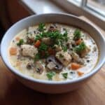 Creamy Wild Rice Chicken Soup with Roasted Mushrooms.
