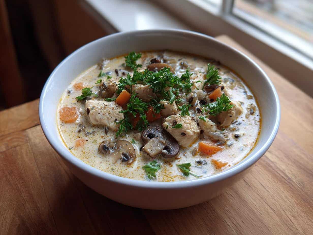 Creamy Wild Rice Chicken Soup with Roasted Mushrooms.
