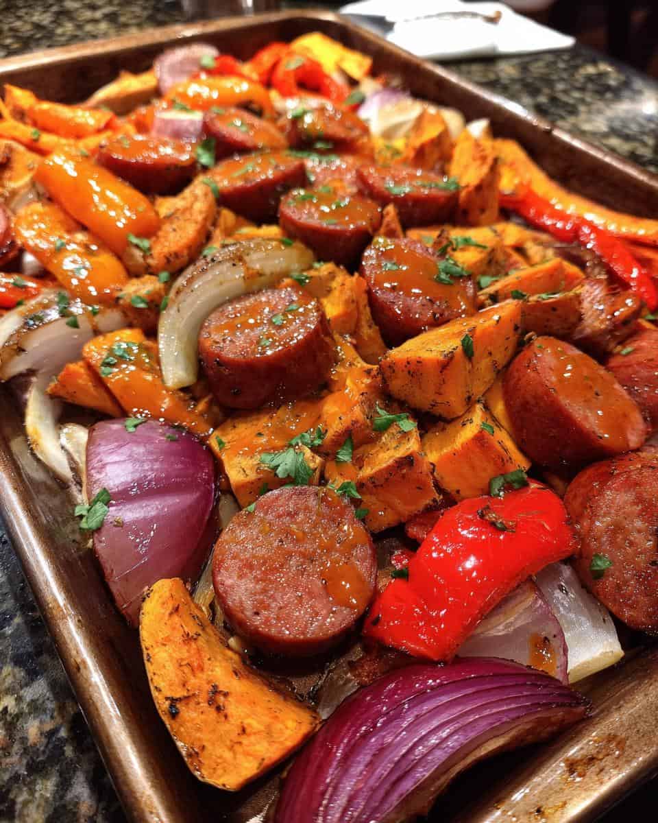 Sheet Pan Sausage and Sweet Potatoes with Honey Garlic Sauce - detail 1