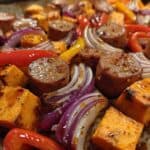 Sheet Pan Sausage and Sweet Potatoes with Honey Garlic Sauce
