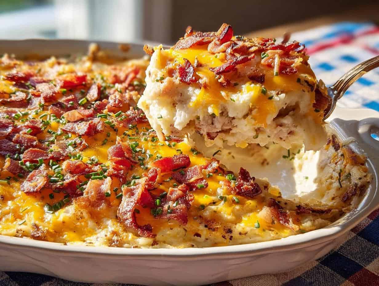 Delicious Twice Baked Potato Casserole; 4 Ingredients Shock