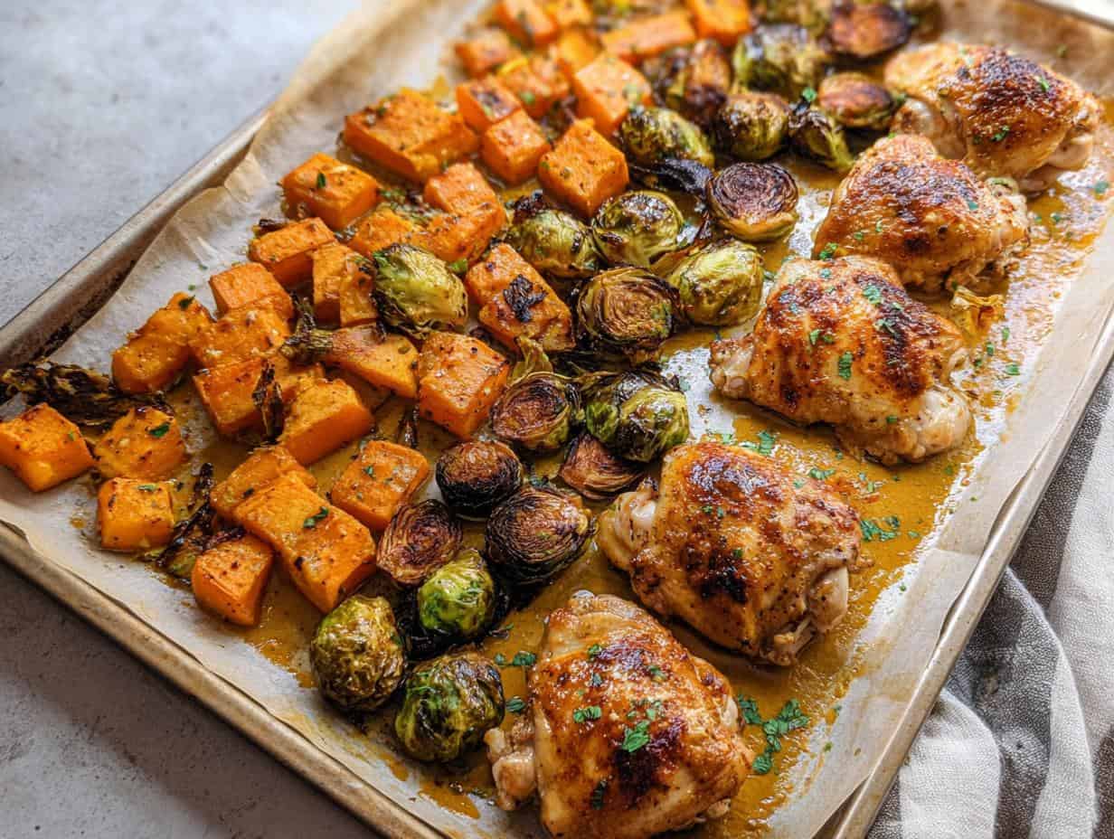 Easy Sheet Pan Honey Mustard Chicken & Veggies: 25 Mins